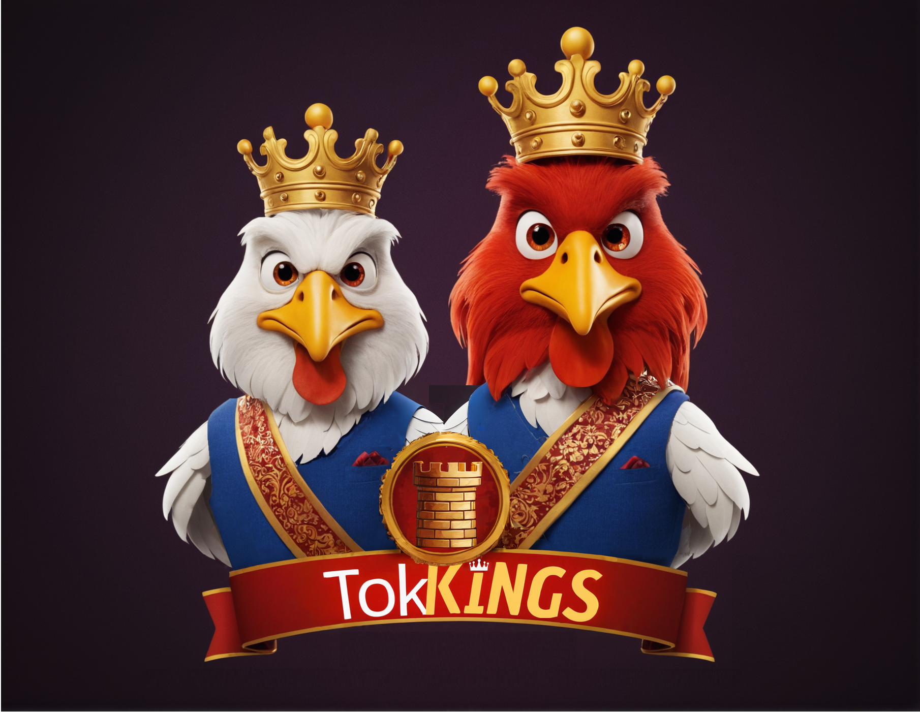de afbeelding bevat twee kippen die een kroon dragen. onder de kippen is een banner weergegeven waar de naam TokKings op staat. in het midden, tussen de kippen in, is een medaille weergegeven met een kasteel achtige afbeelding.