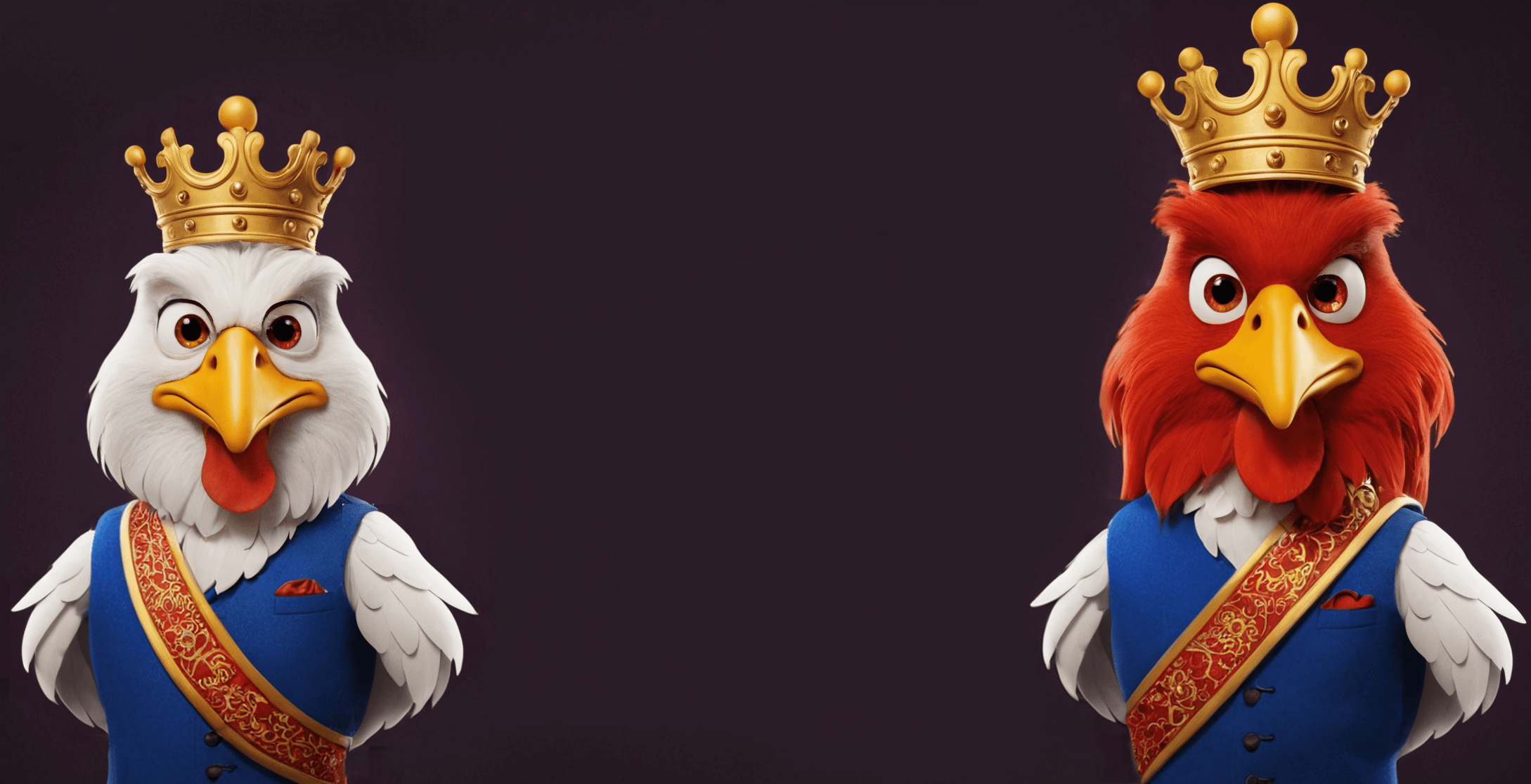 Twee kippen die een kroon dragen met een sjerp. de ene kip is wit en de andere kip heeft een rood gekleurd hoofd. de kippen hebben een statige houding.